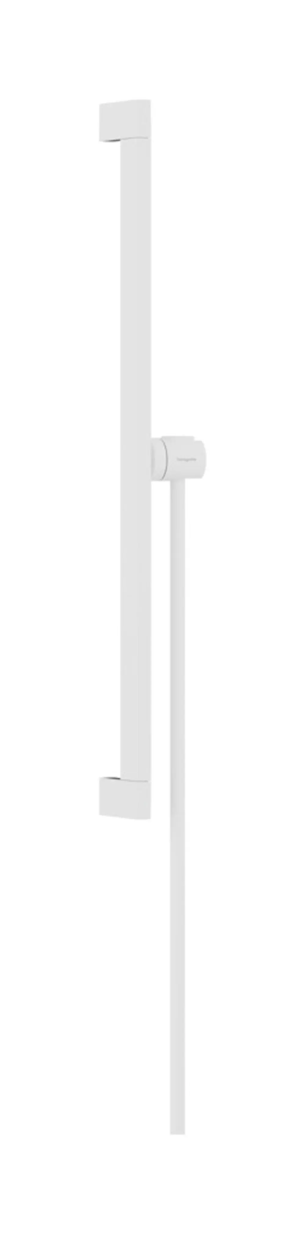 Weiße Brausestange von Hansgrohe, vertikal montiert, mit Handbrausehalter und Schlauch, an der Wand befestigt. Design ist schlicht und funktional.